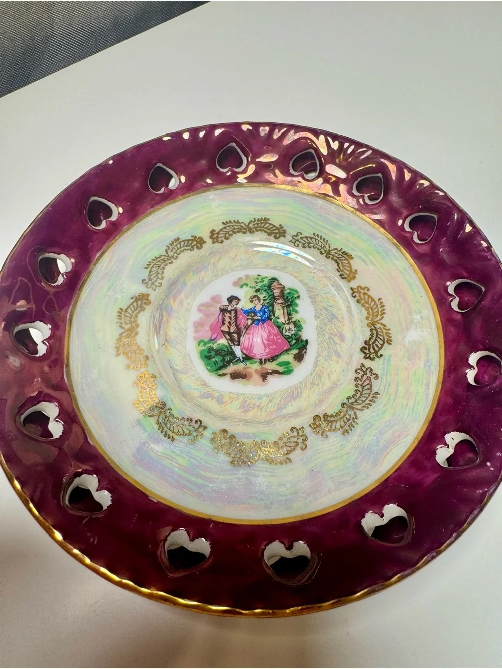 Vintage Style Dessert Plates in Deep Plum with Gold Trim, Reticulated Heart Rim